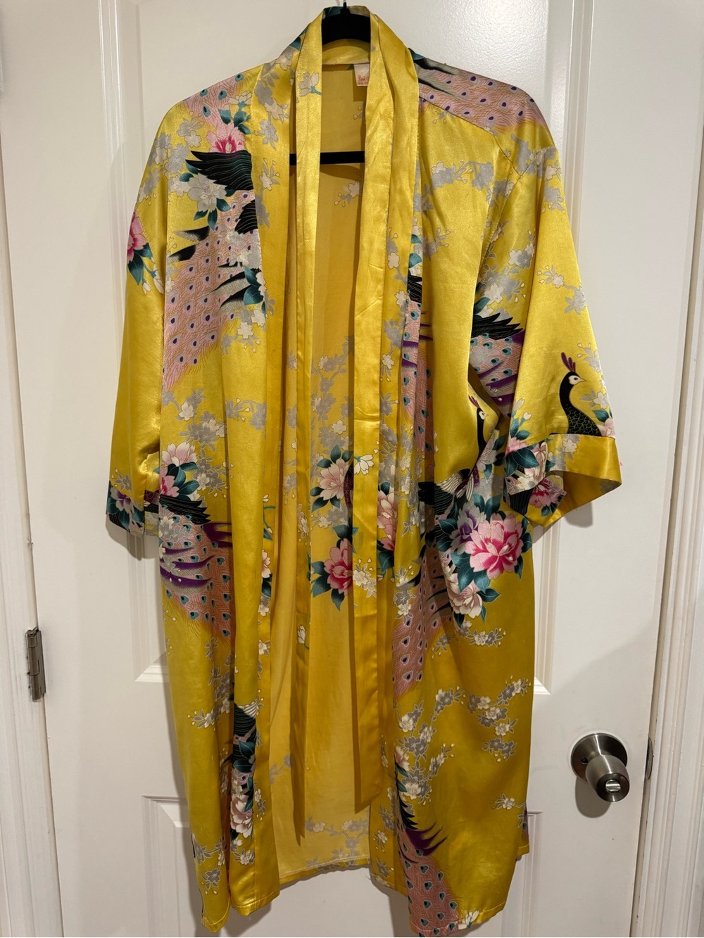 Yellow Satin Floral & Peacock Kimono Robe